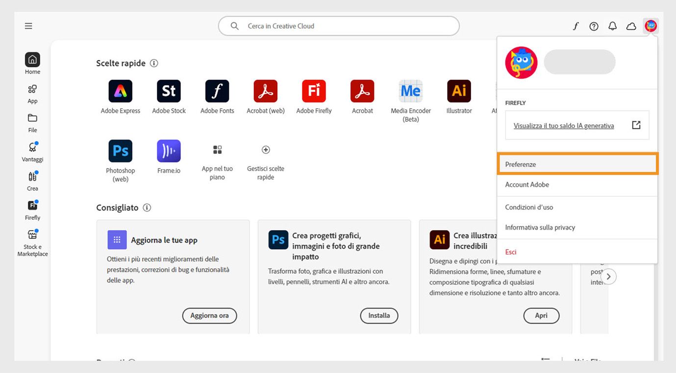 L'icona del menu Account nell'angolo in alto a destra dell'app Creative Cloud offre l'opzione per selezionare le preferenze dell'applicazione.