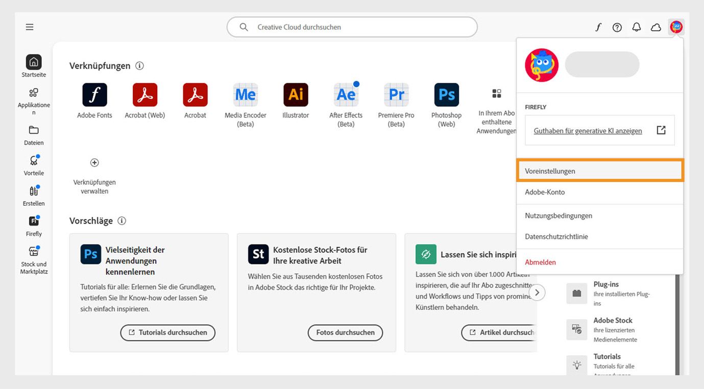 Das Konto-Menü-Symbol in der oberen rechten Ecke der Creative Cloud-Desktop-Applikation bietet die Möglichkeit, App-Einstellungen auszuwählen.