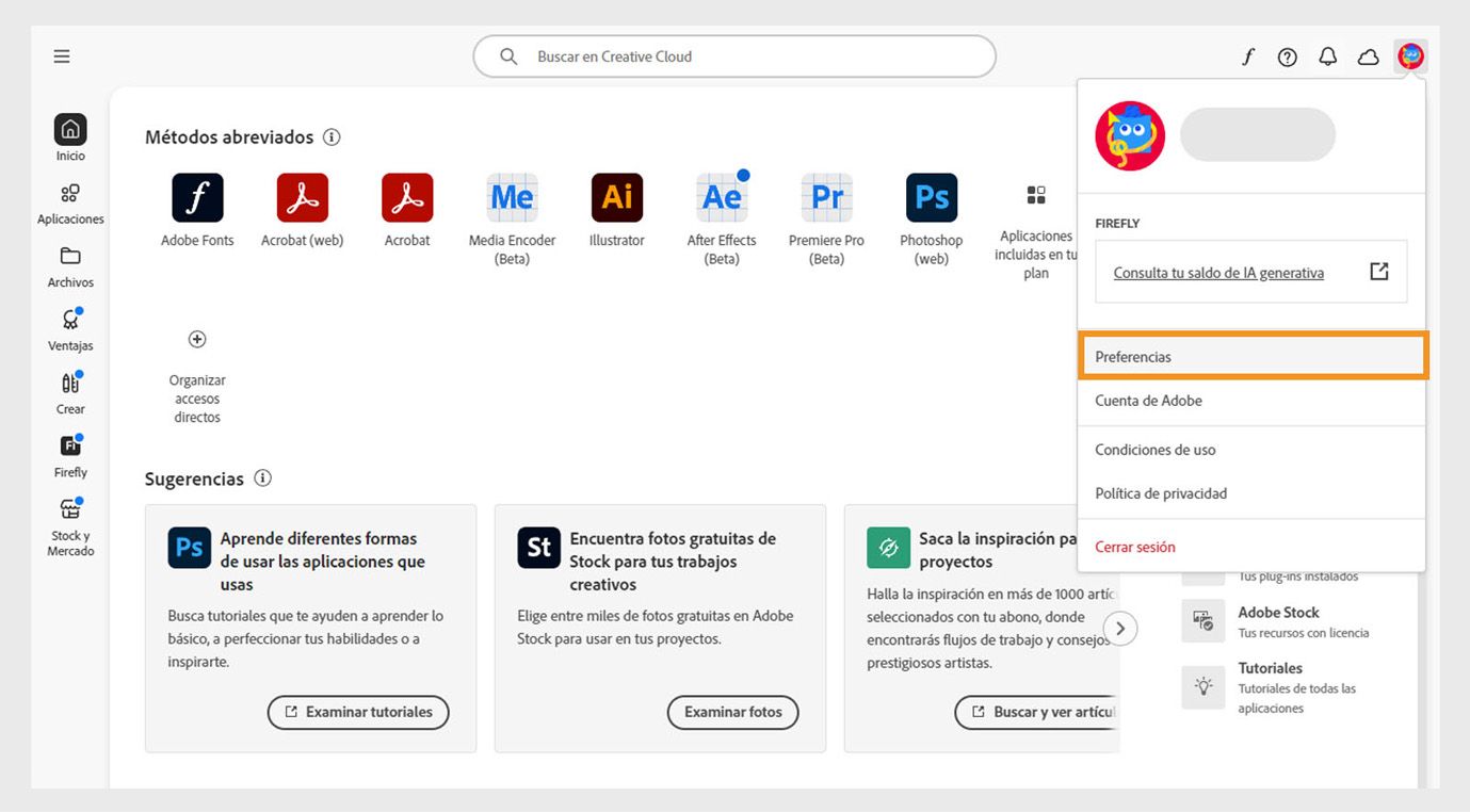 El icono del menú Cuenta en la esquina superior derecha de la aplicación de Creative Cloud para escritorio proporciona la opción de seleccionar las preferencias de la aplicación.