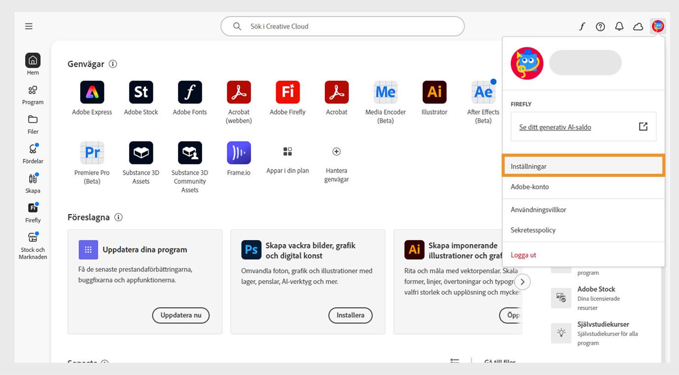 Kontomenyikonen i det övre högra hörnet av Creative Cloud-datorprogrammet ger möjlighet att välja appinställningar.