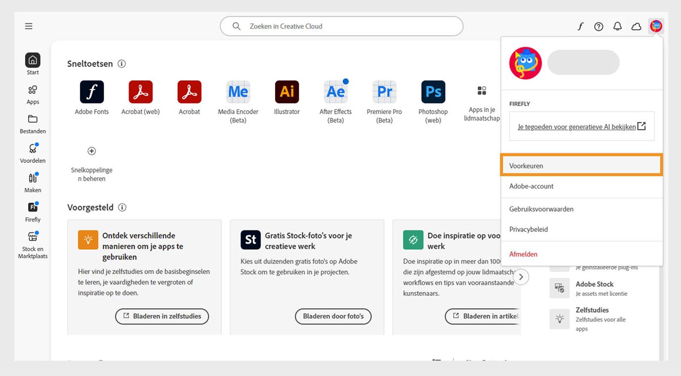 Het pictogram van het accountmenu in de rechterbovenhoek van de Creative Cloud desktop-app biedt de optie om appvoorkeuren te selecteren.