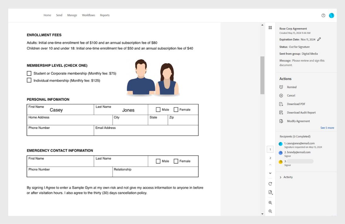 ההסכם נפתח עם החלונית הימנית שמראה את פרטי ההסכם, הסטטוס והפעילות. התפריט Actions מראה כלים לנקוט פעולות נוספות לגבי ההסכם.