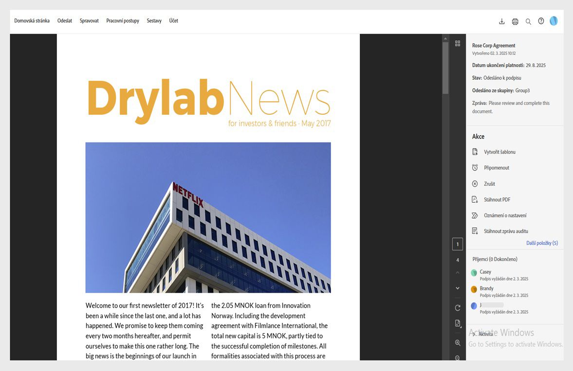 Dohoda se otevře s pravým podoknem, které zobrazuje informace o dohodě, stav a aktivitu. Nabídka Akce obsahuje nástroje pro další akci týkající se dohody.