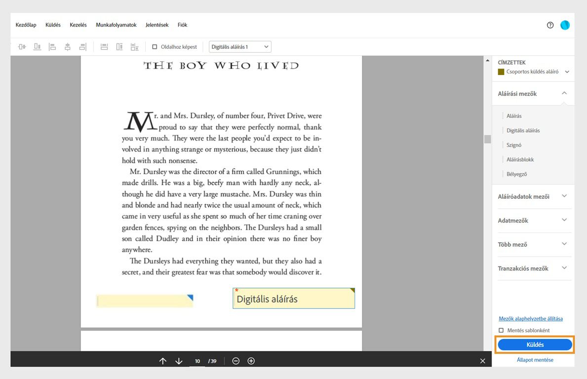 A szerződés megnyílik az űrlapmező opcióival a jobb oldali ablaktáblán. A Küldés gomb ki van emelve.