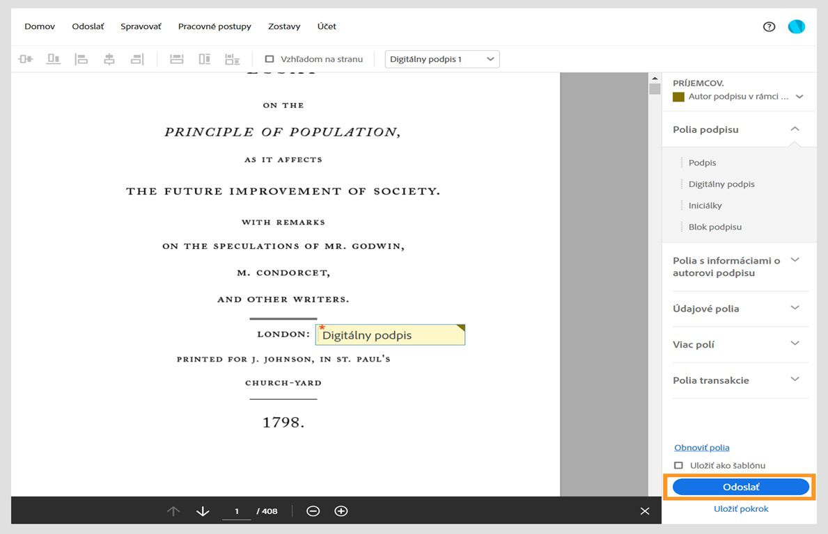 Na pravej table sa otvorí zmluva s možnosťami poľa formulára. Zvýraznené je tlačidlo Odoslať.