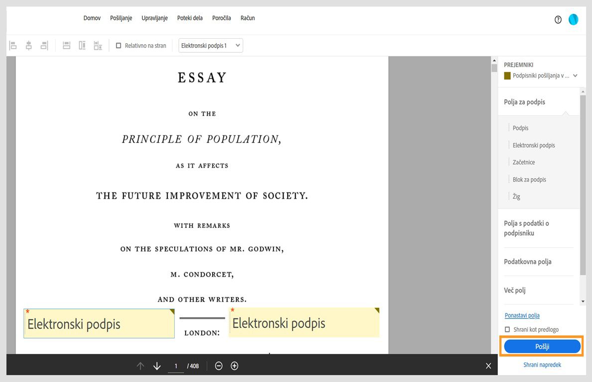 Pogodba se odpre z možnostmi polja obrazca v desnem podoknu. Označen je gumb Pošlji.