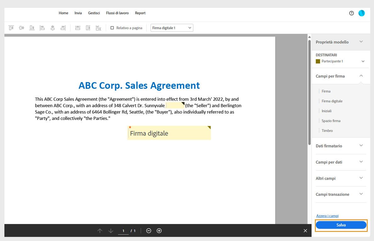 L’accordo si apre con le opzioni dei campi modulo nel riquadro a destra. Il pulsante Invia è evidenziato.