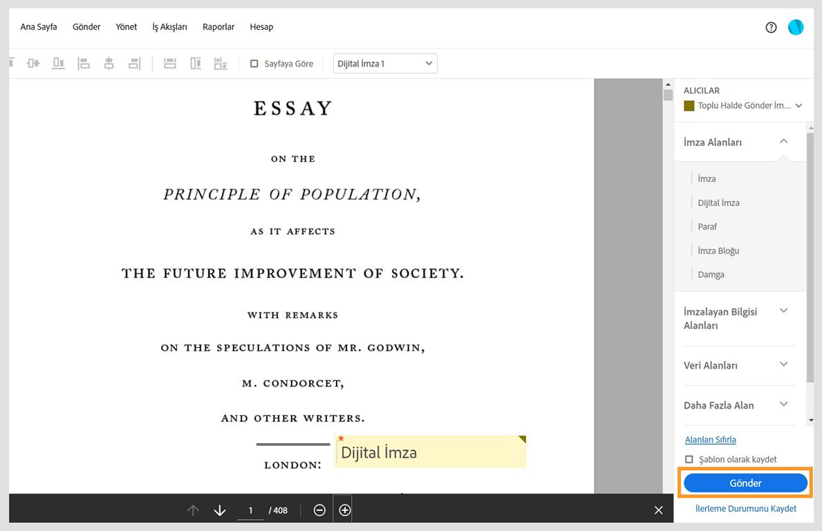 Sözleşme, sağ bölmede form alanı seçenekleriyle açılır. Gönder düğmesi vurgulanır.