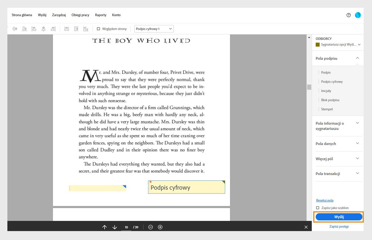 Umowa zostanie otwarta z opcjami pól formularza w prawym panelu. Przycisk Wyślij zostanie podświetlony.