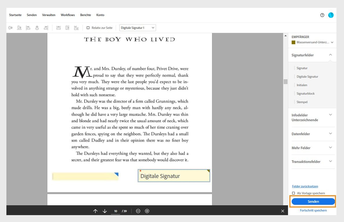 Die Vereinbarung wird geöffnet, im rechten Fensterbereich sind Formularfeldoptionen zu sehen. Die Schaltfläche „Senden“ ist hervorgehoben.