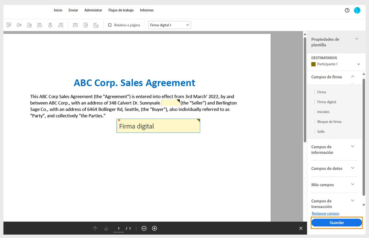 El acuerdo se abre con opciones de campos de formulario en el panel derecho. El botón Enviar aparece resaltado.