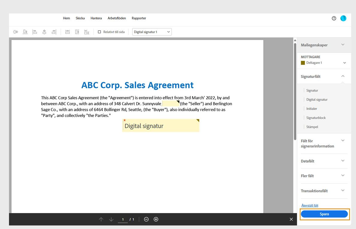 Avtalet öppnas med alternativ för formulärfält i den högra rutan. Knappen Skicka är markerad.