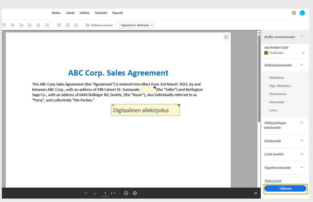 Sopimus avautuu oikeanpuoleisessa ruudussa lomakekentän vaihtoehdoilla. Lähetä-painike on korostettuna.