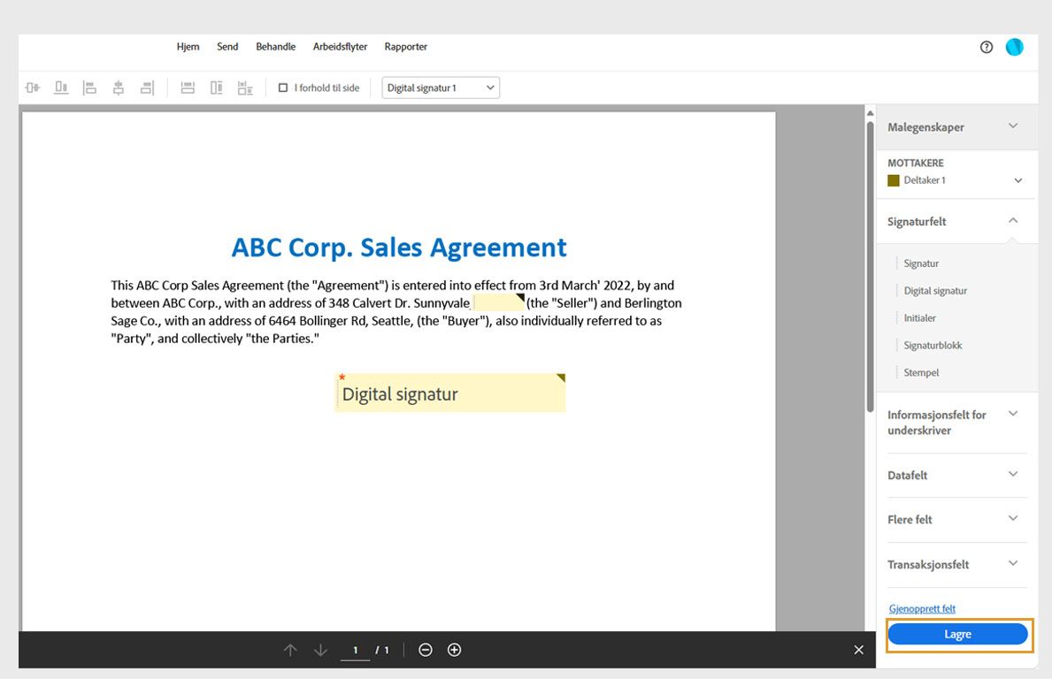 Avtalen åpnes med skjemafeltalternativer i ruten til høyre. Send-knappen er uthevet.