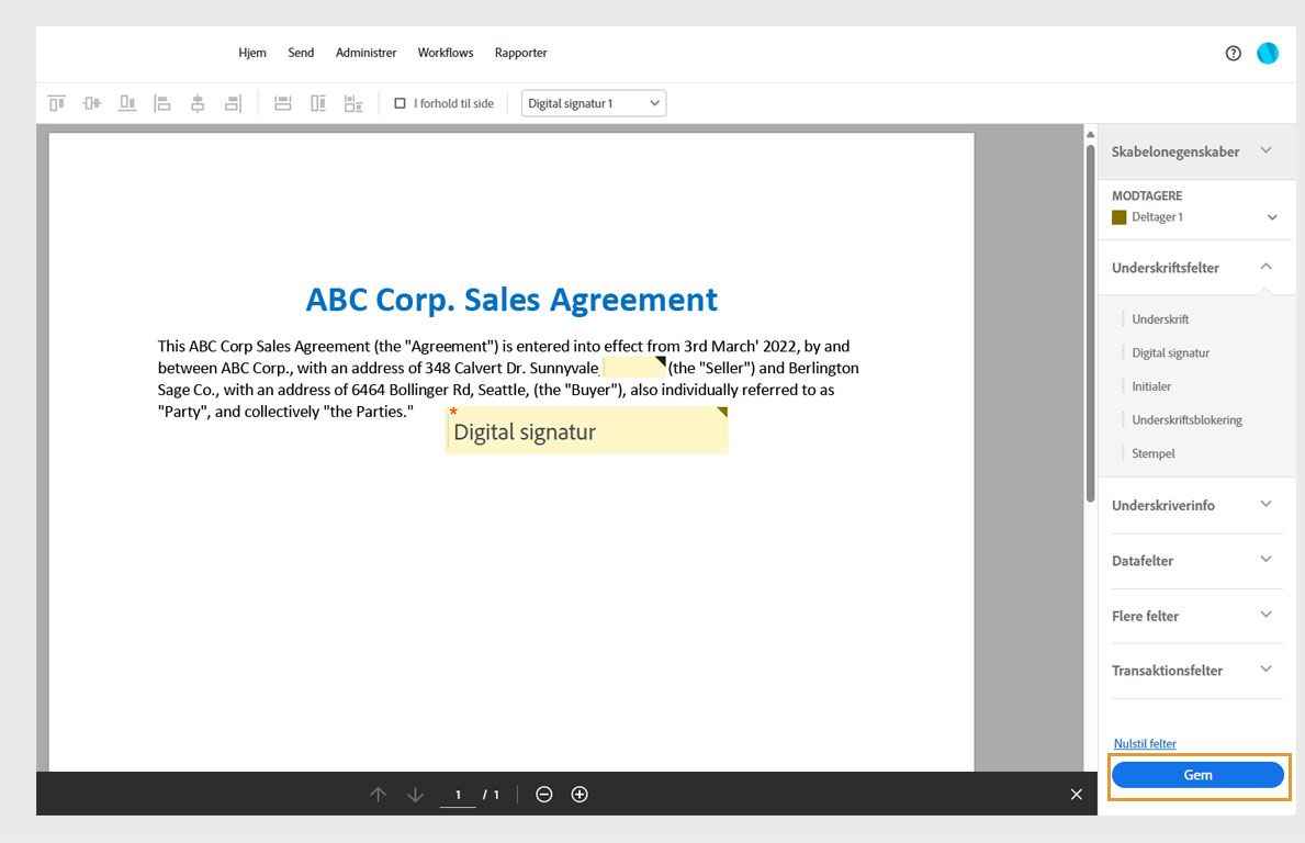 Aftalen åbnes med formularfeltindstillinger i højre rude. Knappen Send er fremhævet.