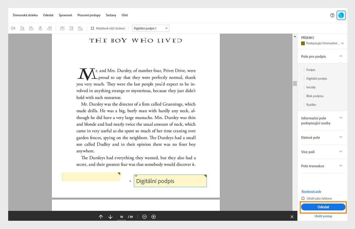 Dohoda se otevře s možnostmi pole formuláře v pravém podokně. Tlačítko Odeslat je zvýrazněné.
