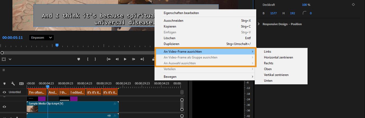 Die Ausrichtungsoptionen „An Video-Frame ausrichten“, „An Video-Frame als Gruppe ausrichten“ und „An Auswahl ausrichten“ werden angezeigt.Verwende diese Optionen, um ausgewählte Text- oder Formebenen auszurichten.