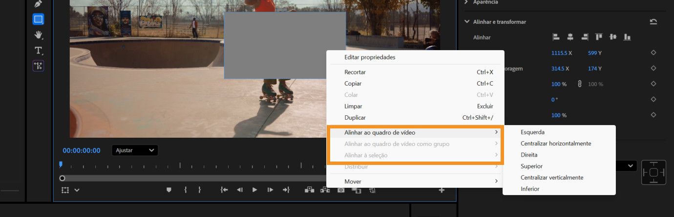 As opções de alinhamento “Alinhar ao quadro do vídeo”, “Alinhar ao quadro do vídeo como grupo” e “Alinhar” são exibidas. Use essas opções para alinhar as camadas de texto ou forma selecionadas.