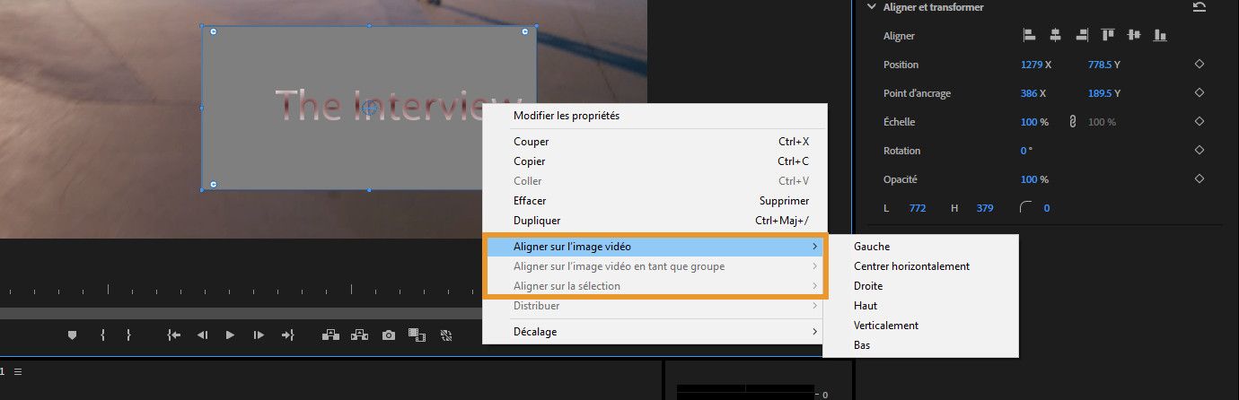 Les options d’alignement Aligner sur l’image vidéo, Aligner sur l’image vidéo en tant que groupe et Aligner sont affichées.Utilisez ces options pour aligner les calques de texte ou de forme sélectionnés.