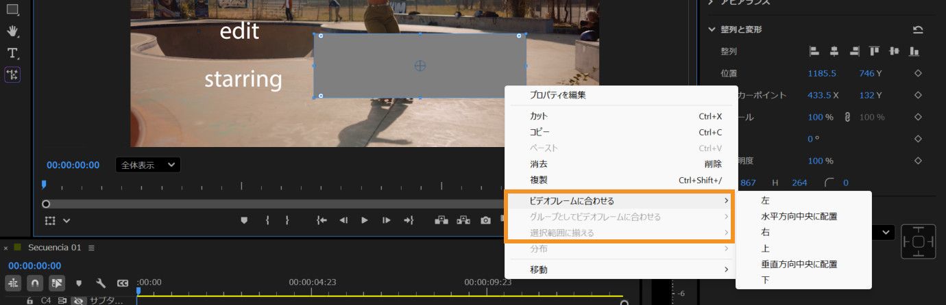 Align to Video Frame、Align to Video Frame as Group、Align の整列オプションが表示されます。これらのオプションを使用して、選択したテキストまたはシェイプレイヤーを整列します。