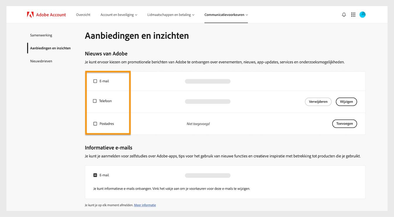 Met de vakjes naast de communicatiemethoden, zoals e-mail, telefoon en postadres, kun je aangeven dat je marketingcommunicatie wilt ontvangen.