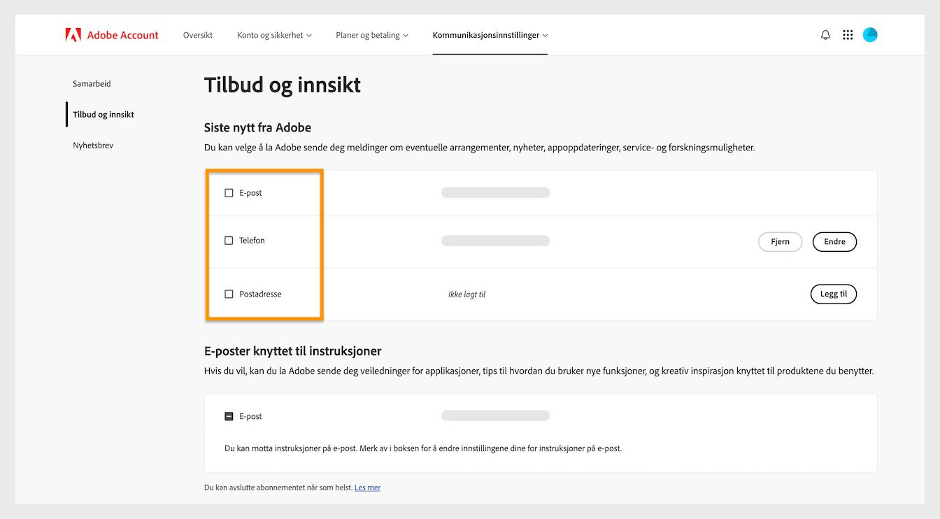 Avmerkingsboksene, som ligger ved siden av kommunikasjonsmetodene som e-post, telefon og postadresse, lar deg melde deg på for å motta markedskommunikasjon.