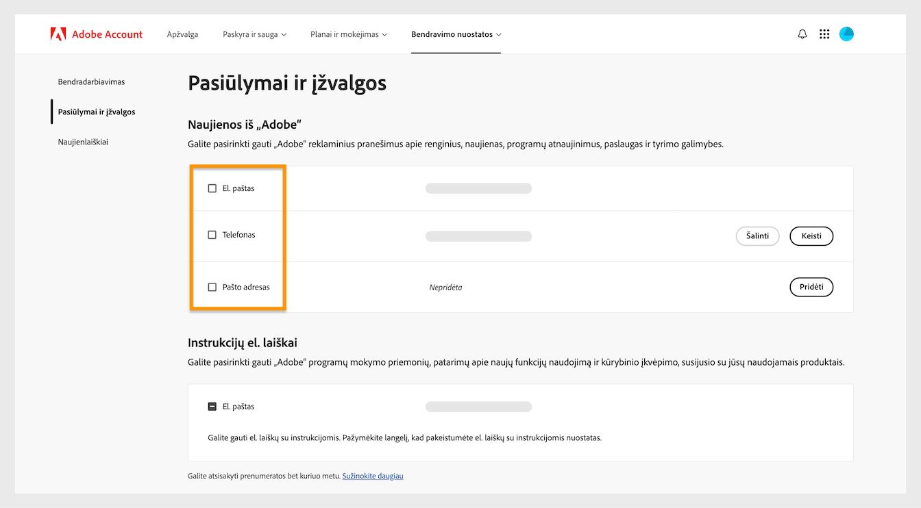 Žymės langeliai, esantys šalia komunikacijos būdų, pvz., el. pašto, telefono ir pašto adreso, leidžia pasirinkti gauti rinkodaros pranešimus.