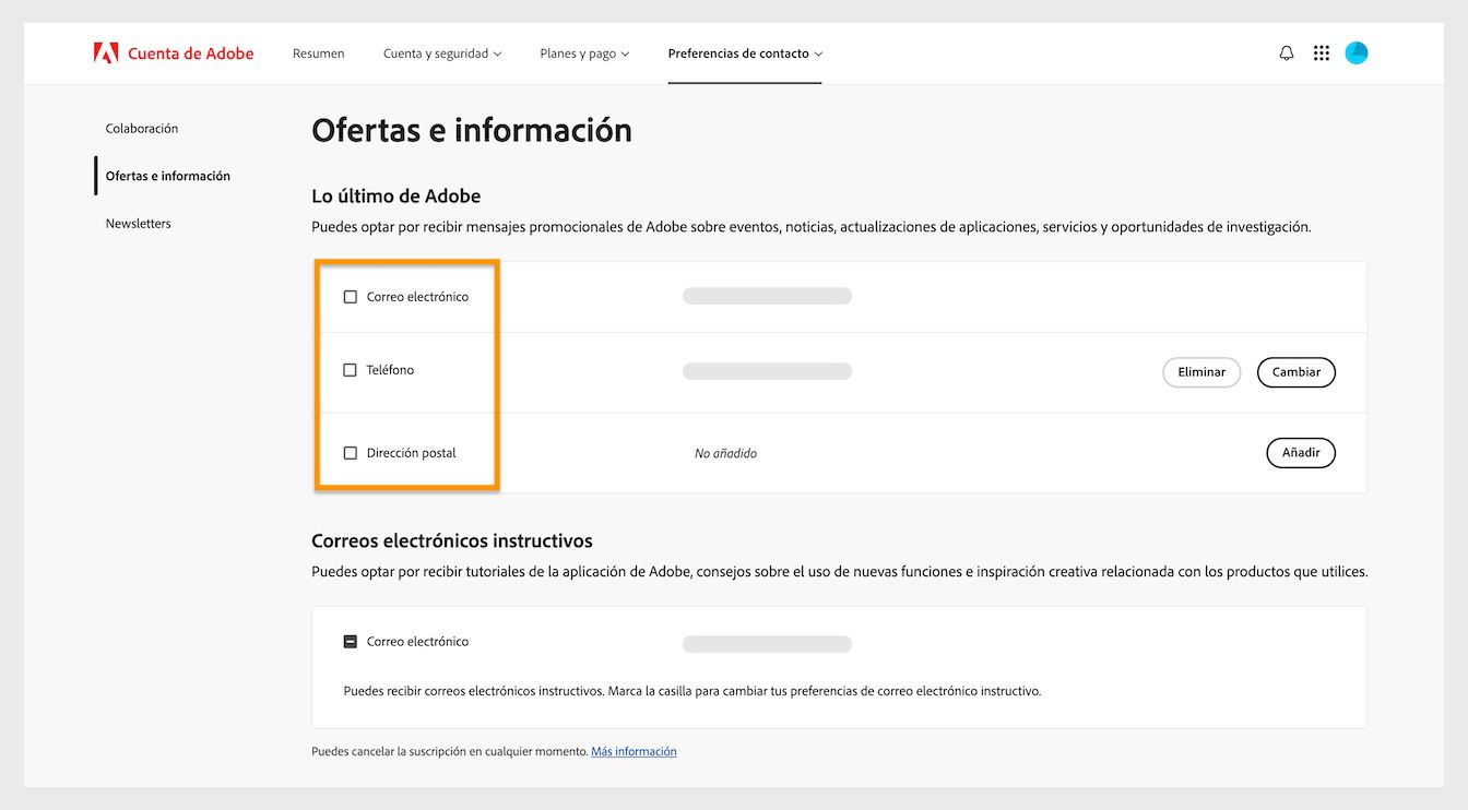 Las casillas de verificación, ubicadas junto a los métodos de comunicación como correo electrónico, teléfono y dirección postal, le permiten optar por recibir comunicación de marketing.