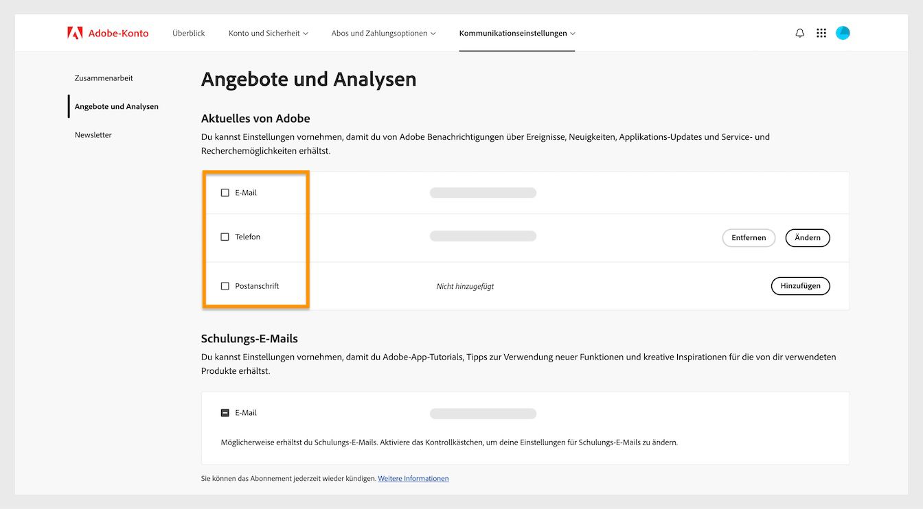 Über die Kontrollkästchen neben den Kommunikationsmethoden wie E-Mail, Telefon und Post kannst du marketingbezogene Mitteilungen bestellen.