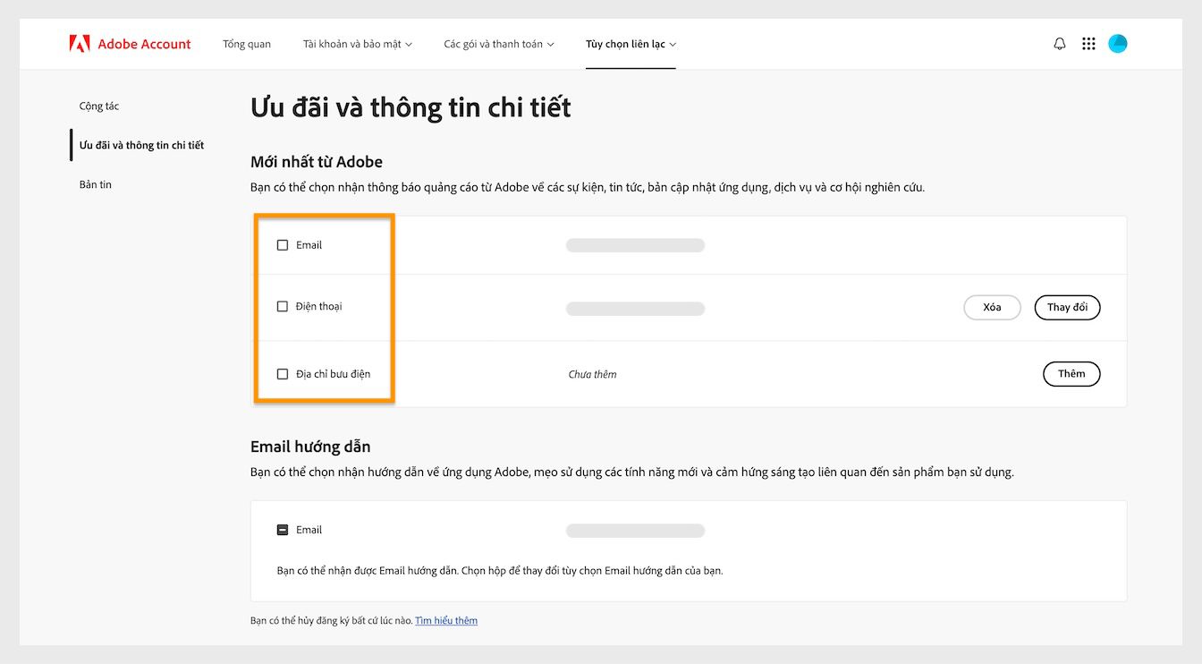 Các hộp kiểm, nằm bên cạnh các phương thức liên lạc như Email, điện thoại và địa chỉ bưu điện, cho phép bạn đăng ký nhận thông tin liên lạc tiếp thị.