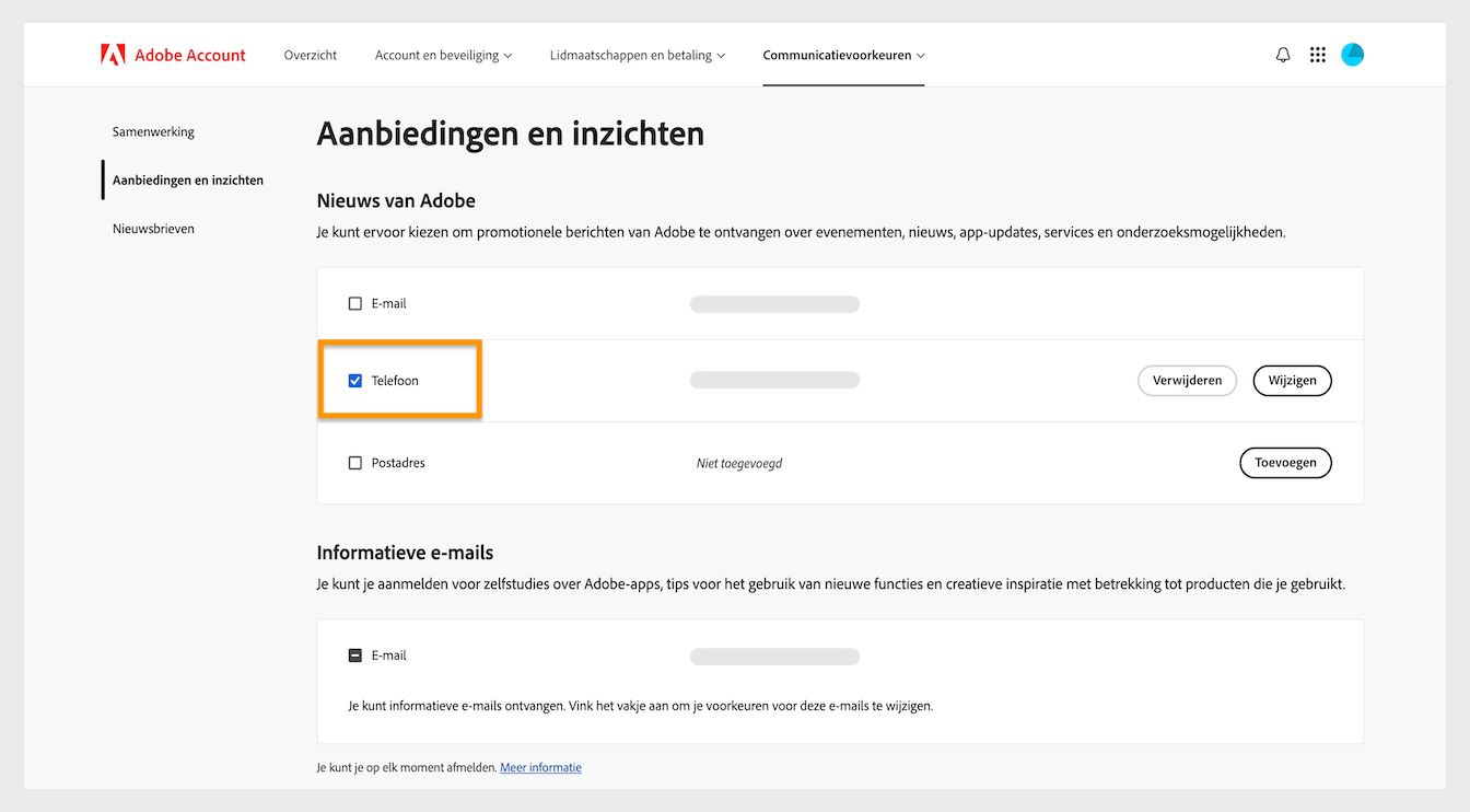 Met de selectievakjes naast de communicatiemethoden, zoals e-mail, telefoon en postadres, kun je je afmelden voor marketingberichten.