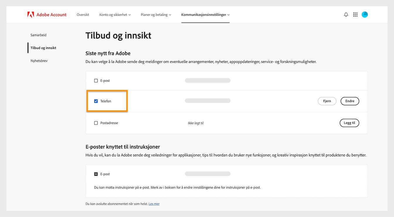 Avmerkingsboksene, som ligger ved siden av kommunikasjonsmetodene som e-post, telefon og postadresse, lar deg velge bort markedsføringsmeldinger.