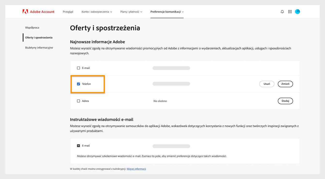 Pola wyboru, znajdujące się obok metod komunikacji, takich jak e-mail, telefon i adres pocztowy, umożliwiają rezygnację z otrzymywania komunikacji marketingowej.