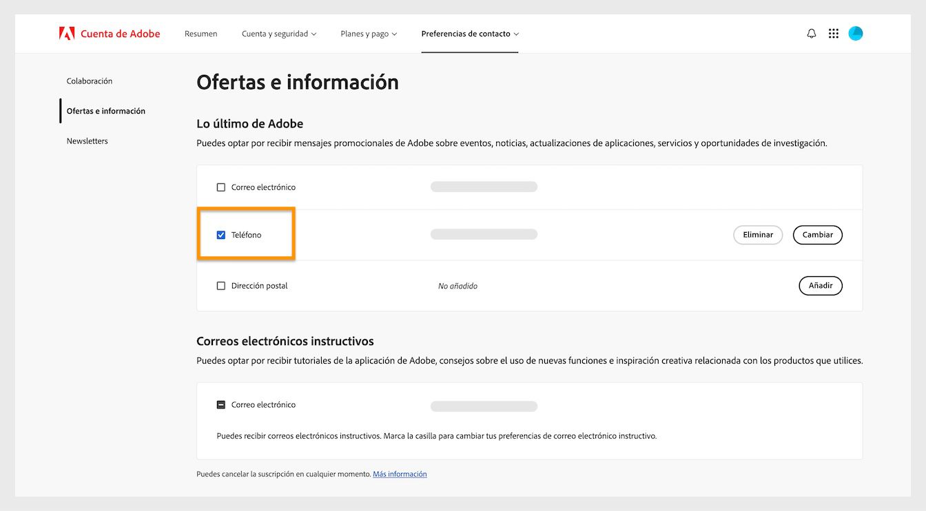 Las casillas de verificación, ubicadas junto a los métodos de comunicación como correo electrónico, teléfono y dirección postal, le permiten cancelar la suscripción a la comunicación de marketing.