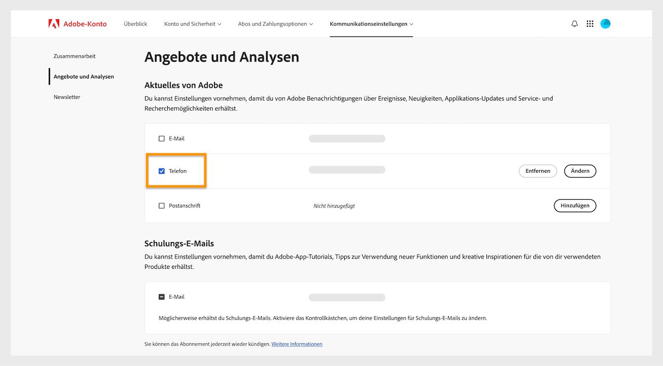 Über die Kontrollkästchen neben den Kommunikationsmethoden wie E-Mail, Telefon und Post kannst du marketingbezogene Mitteilungen abbestellen.