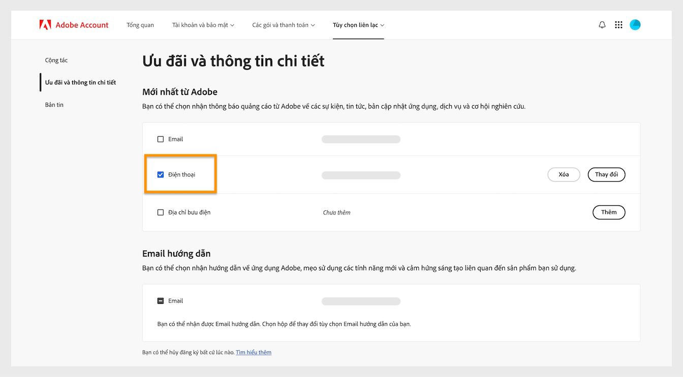 Các hộp kiểm, nằm bên cạnh các phương thức liên lạc như Email, điện thoại và địa chỉ bưu điện, cho phép bạn chọn không đăng ký nhận thông tin liên lạc tiếp thị.
