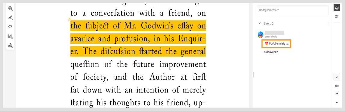Panel komentarzy zawiera komentarze z reakcjami emotikonów i reakcjami na komentarze.