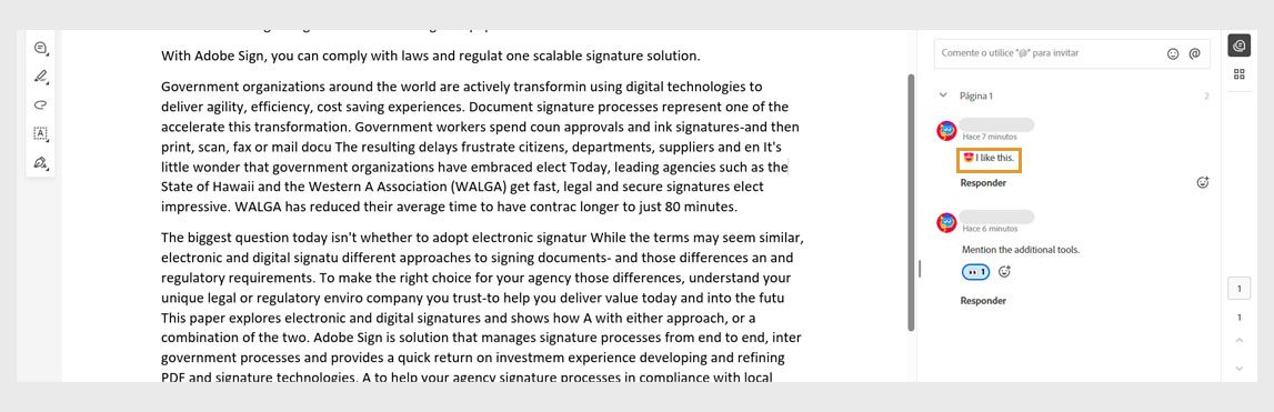 El panel de comentarios muestra comentarios con reacciones a los emojis y reacciones a los comentarios.