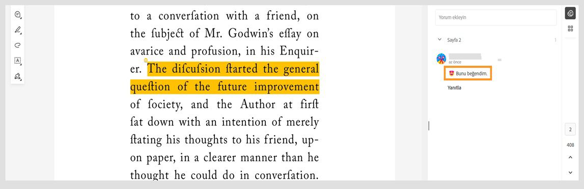 Yorumlar panelinde, emoji tepkileri içeren yorumlar ve yorumlara verilen tepkiler gösterilir.