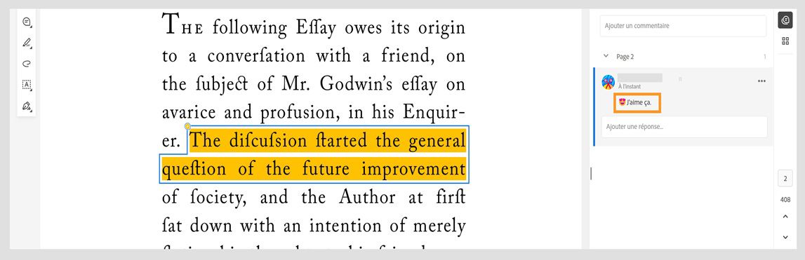 Le panneau Commentaires affiche les commentaires avec les emojis et les réactions aux commentaires.