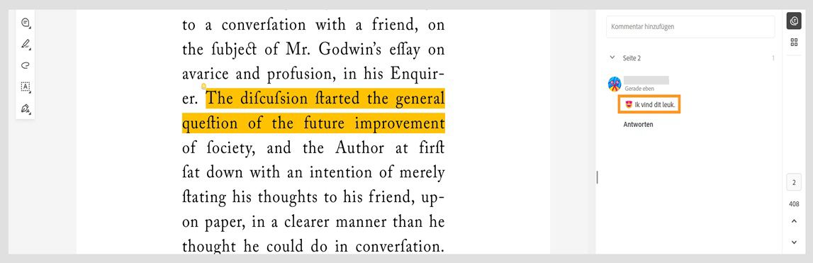 Im Bedienfeld „Kommentare“ werden Kommentare mit Emoji-Reaktionen und Reaktionen auf Kommentare angezeigt.