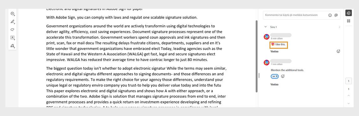 Kommenttipaneeli näyttää kommentit emoji-reaktioilla ja kommentteihin annetuilla reaktioilla.