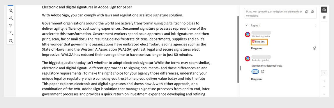 Het opmerkingendeelvenster toont opmerkingen met reactie-emoji's en reacties op opmerkingen.