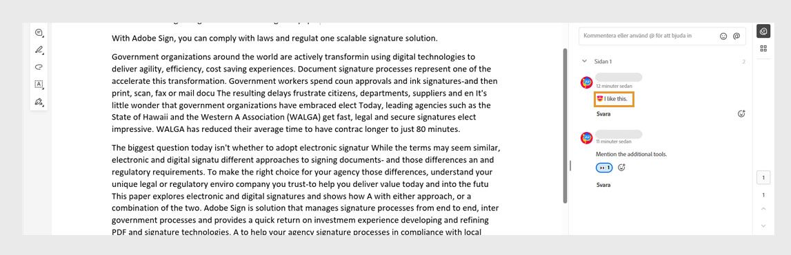 Kommentarspanelen visar kommentarer med emoji-reaktioner och reaktioner på kommentarer.