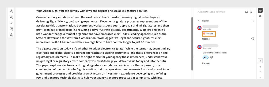 Il pannello dei commenti mostra i commenti con reazioni emoji e le reazioni ai commenti.
