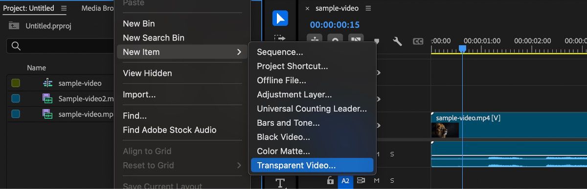 El menú contextual del panel Project está abierto y en el menú desplegable New Item, la opción Transparent Video está resaltada, demostrando cómo añadir un efecto de vídeo transparente a la cronología del proyecto.