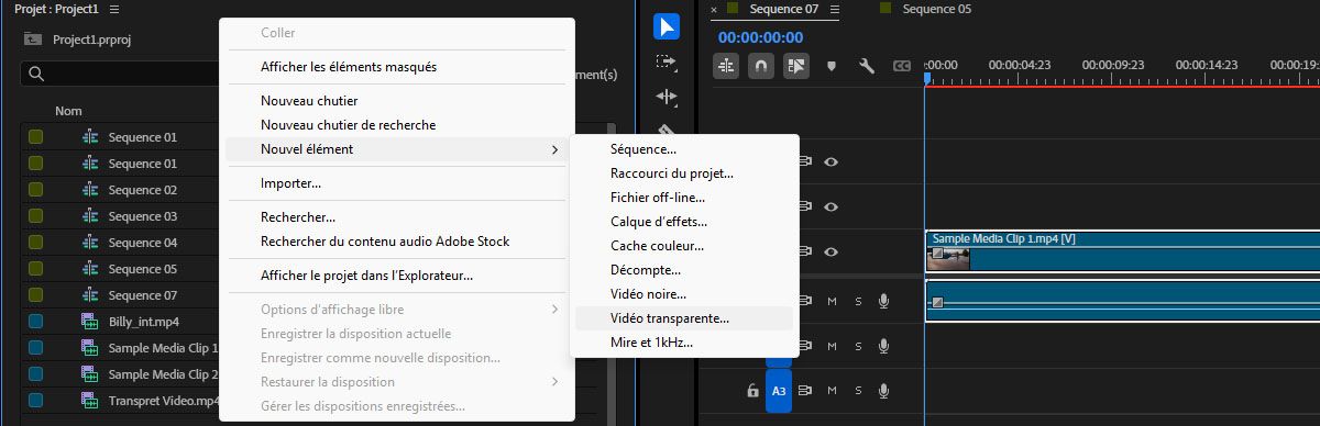 Le menu contextuel du panneau Projet s’ouvre, et dans le menu déroulant Nouvel élément, l’option Vidéo transparente est mise en surbrillance, montrant comment ajouter un effet de vidéo transparente à la chronologie du projet.