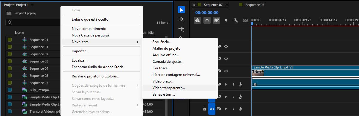 O painel Projeto do menu de contexto está aberto e, no menu suspenso Novo item, a opção Vídeo transparente está destacada, demonstrando como adicionar um efeito de vídeo transparente à linha do tempo de um projeto.