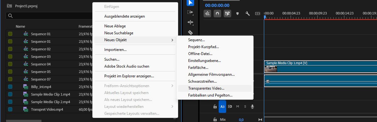 Das Kontextmenü des Bedienfelds „Projekt“ ist geöffnet und im Dropdown-Menü „Neues Objekt“ ist die Option „Transparentes Video“ hervorgehoben, um zu zeigen, wie du einen transparenten Videoeffekt zu einem Projekt-Schnittfenster hinzufügst.