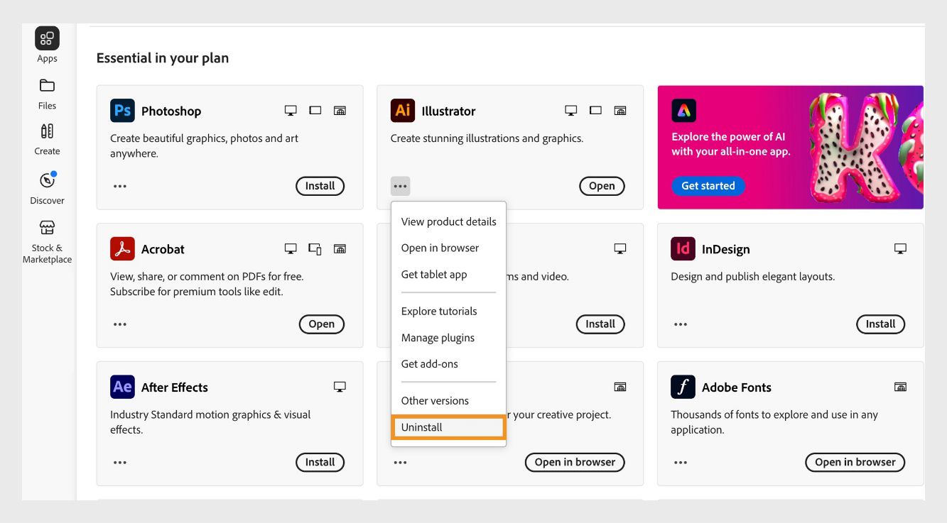 El menú contextual de una aplicación de Creative Cloud incluye opciones para abrir en el navegador y desinstalar.